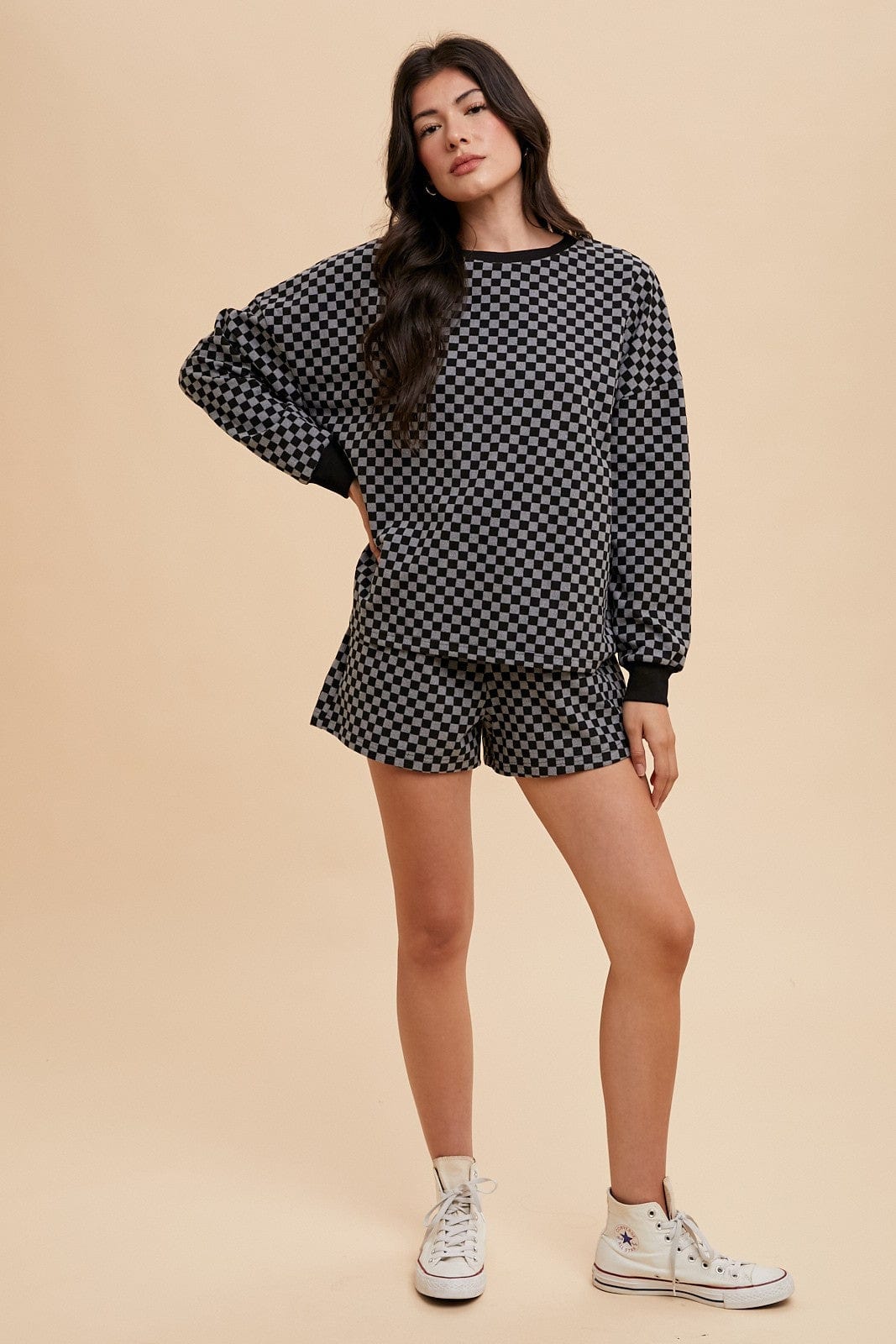 Annie Wear Checkered Round Neck Top and Drawstring Shorts Set - Trendsi