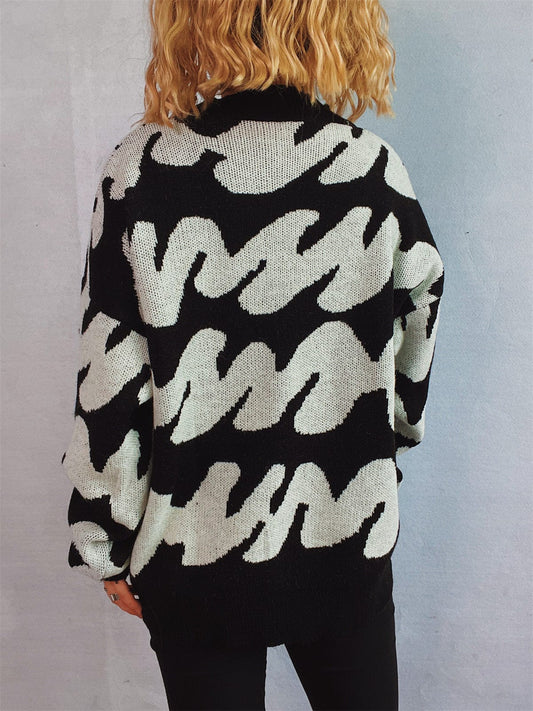 Contrast Round Neck Long Sleeve Sweater - Trendsi