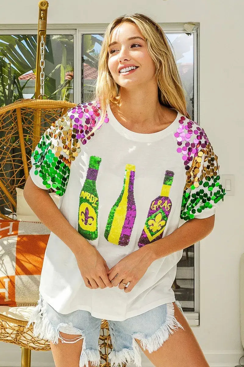 BiBi Sequin Mardi Gras Bottles Spangled Sleeve Top - Trendsi - Flyclothing LLC