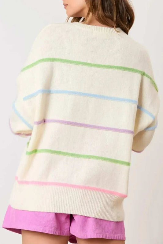 Contrast Striped Half Button Round Neck Sweater - Trendsi - Flyclothing LLC