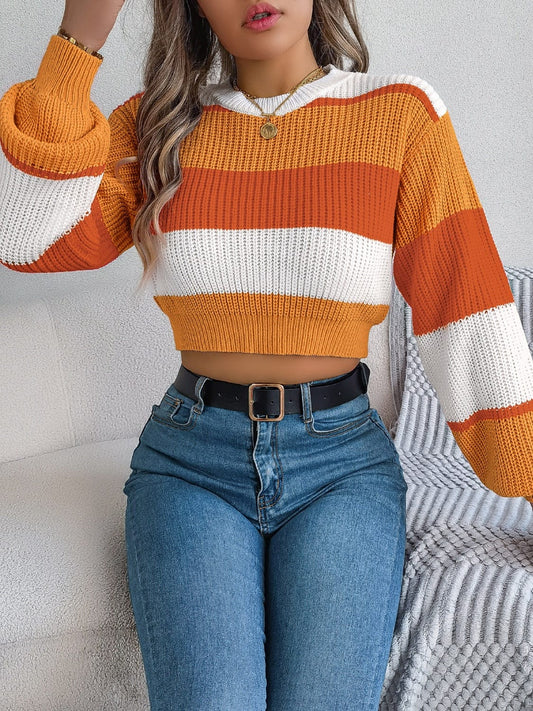 Color Block Round Neck Cropped Sweater - Trendsi