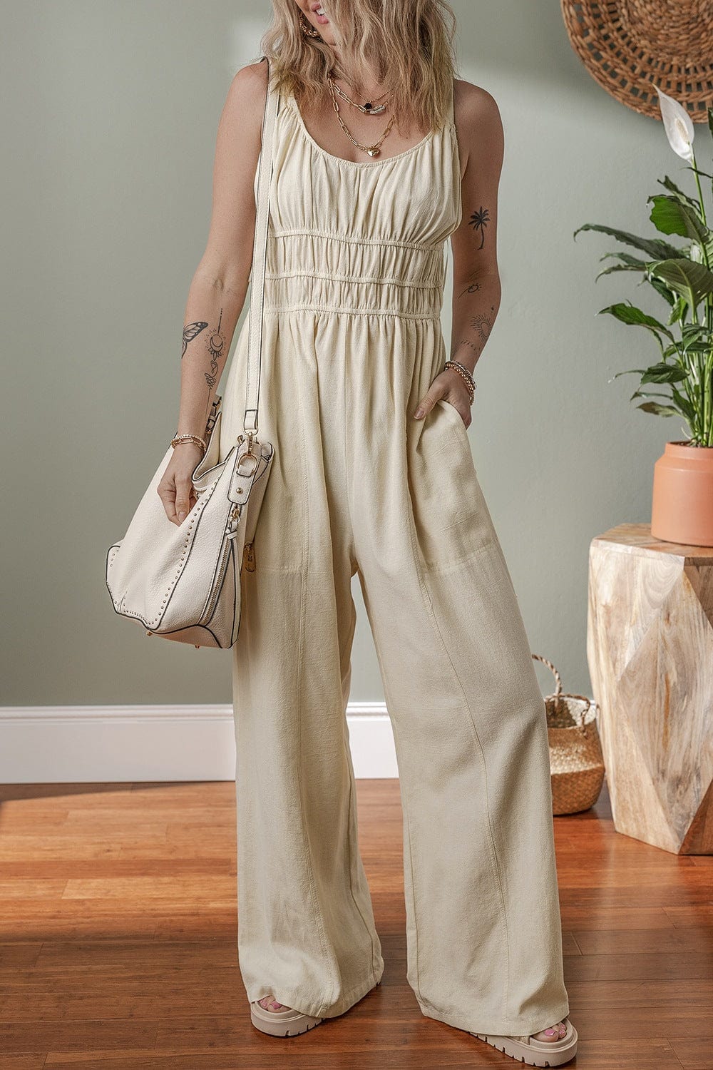 Ruched Sleeveless Wide Leg Jumpsuit - Trendsi