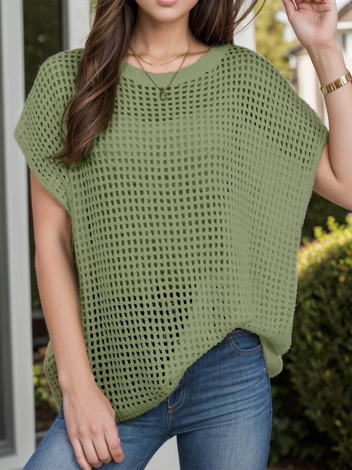 Openwork Round Neck Short Sleeve Cover-Up - Trendsi - Flyclothing LLC