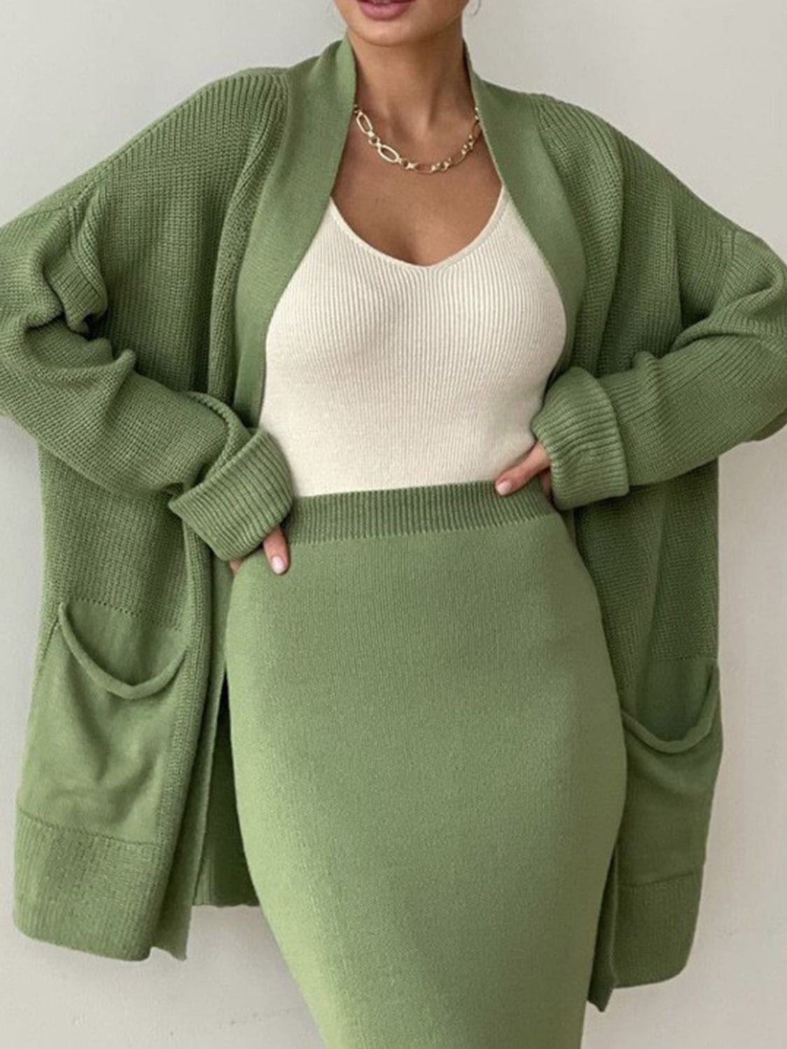 Pocketed Long Sleeve Cardigan and Skirt Sweater Set - Trendsi