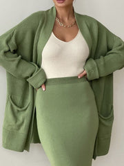 Pocketed Long Sleeve Cardigan and Skirt Sweater Set - Trendsi