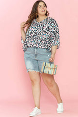 Plus Size Leopard V-Neck Three-Quarter Sleeve Blouse - Trendsi - Flyclothing LLC