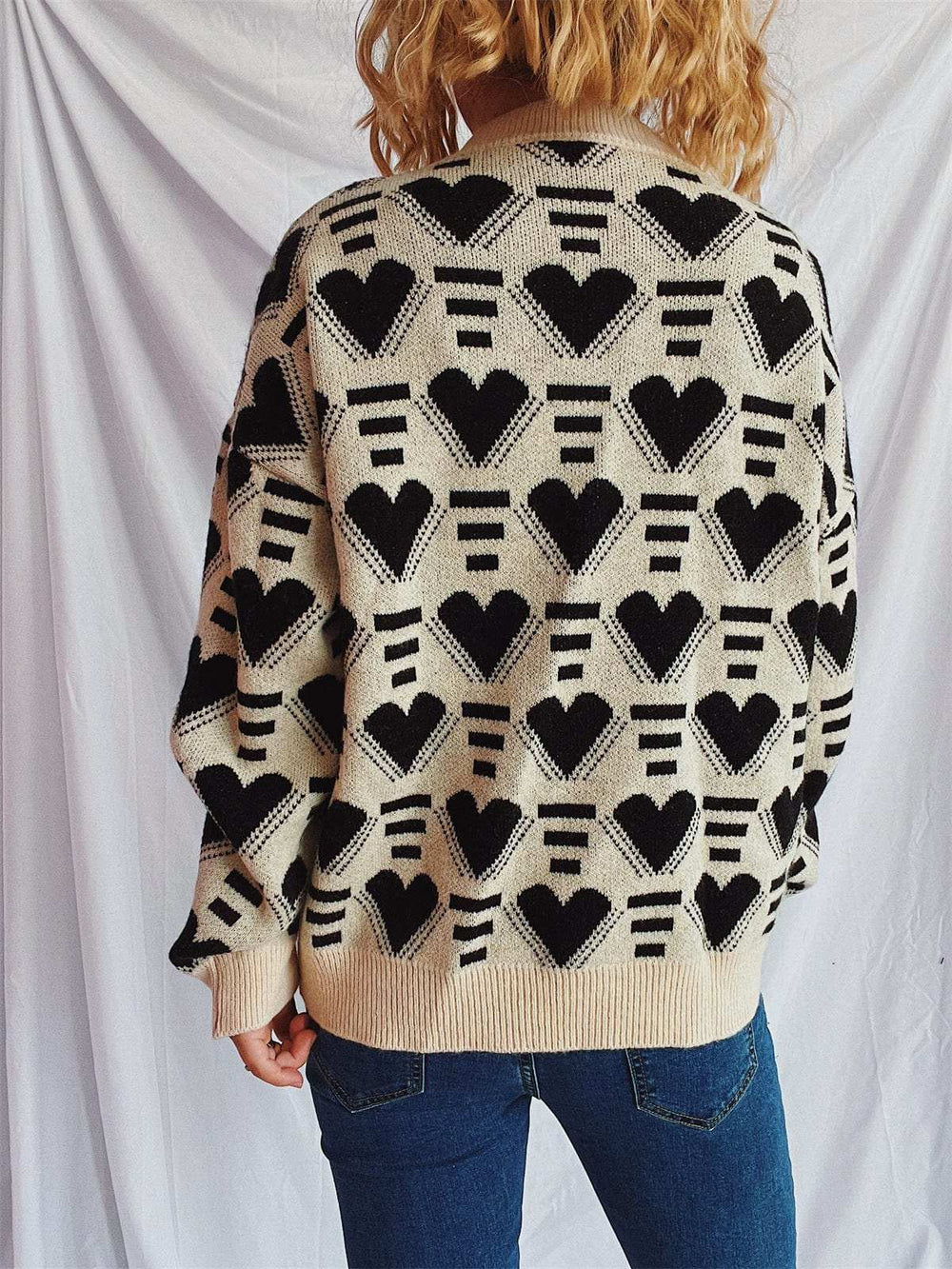 Heart Contrast Long Sleeve Dropped Shoulder Sweater - Trendsi - Flyclothing LLC