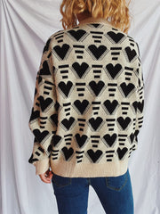 Heart Contrast Long Sleeve Dropped Shoulder Sweater - Trendsi