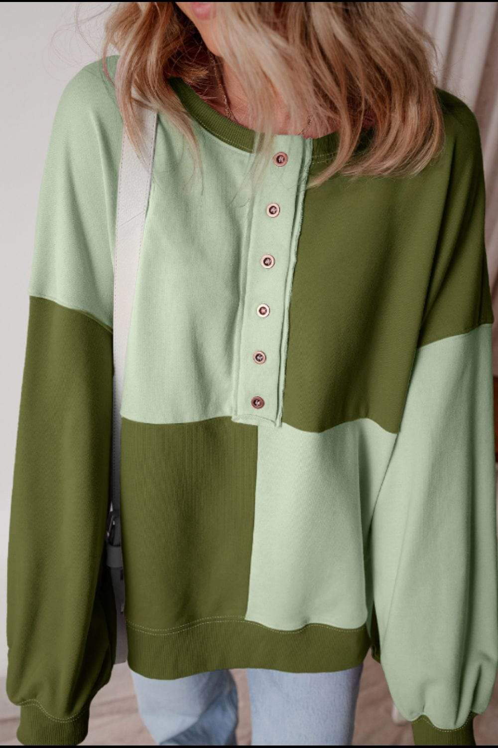 Color Block Half Button Long Sleeve Sweatshirt - Trendsi - Flyclothing LLC