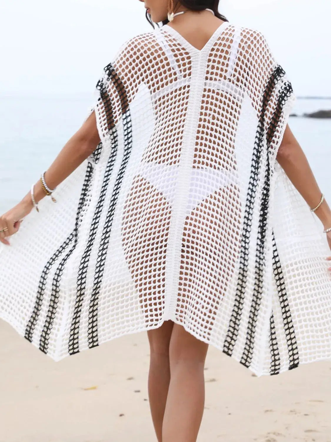 Open Front Contrast Openwork Cover-Up - Trendsi - Flyclothing LLC