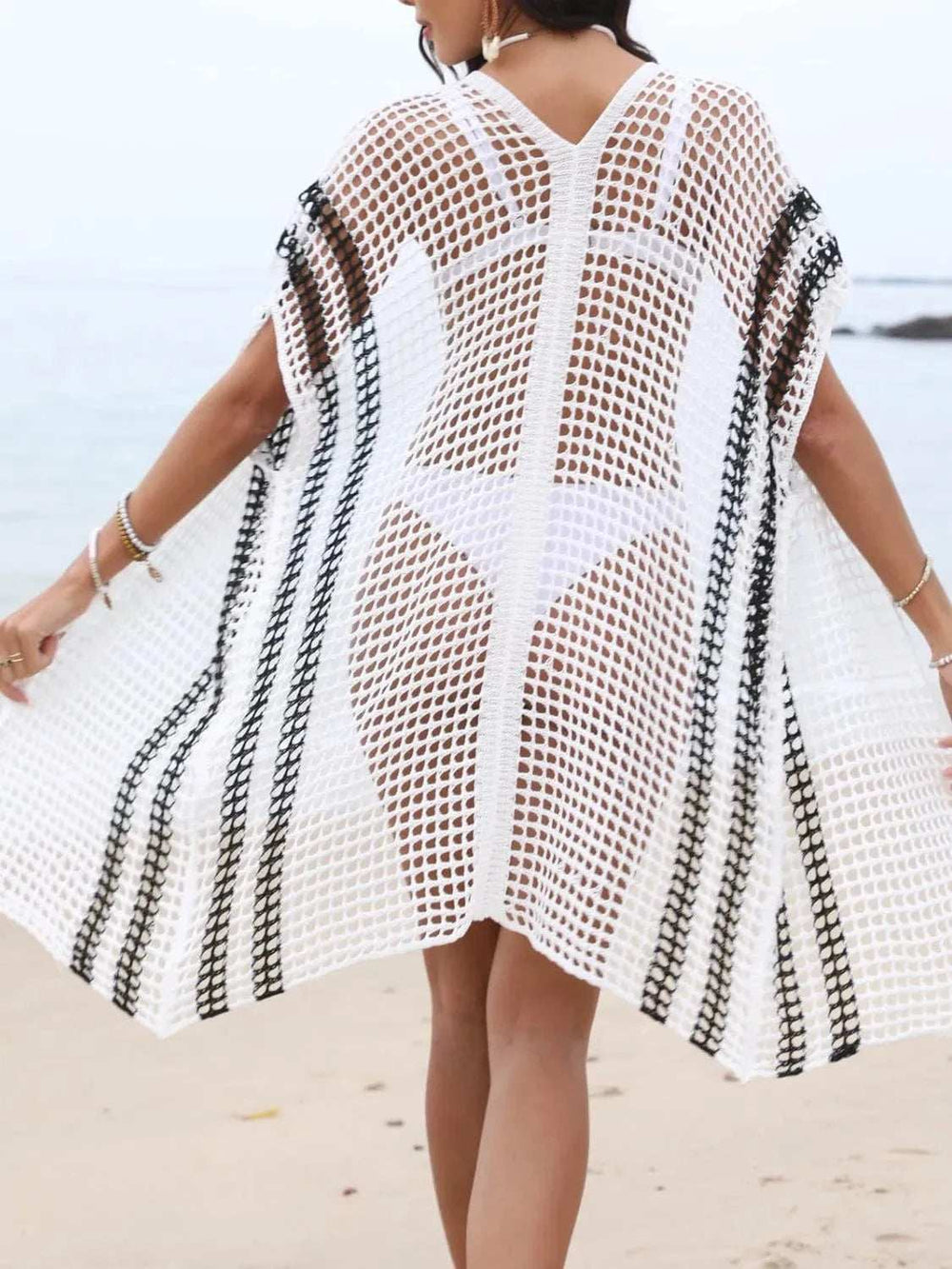 Open Front Contrast Openwork Cover-Up - Trendsi - Flyclothing LLC