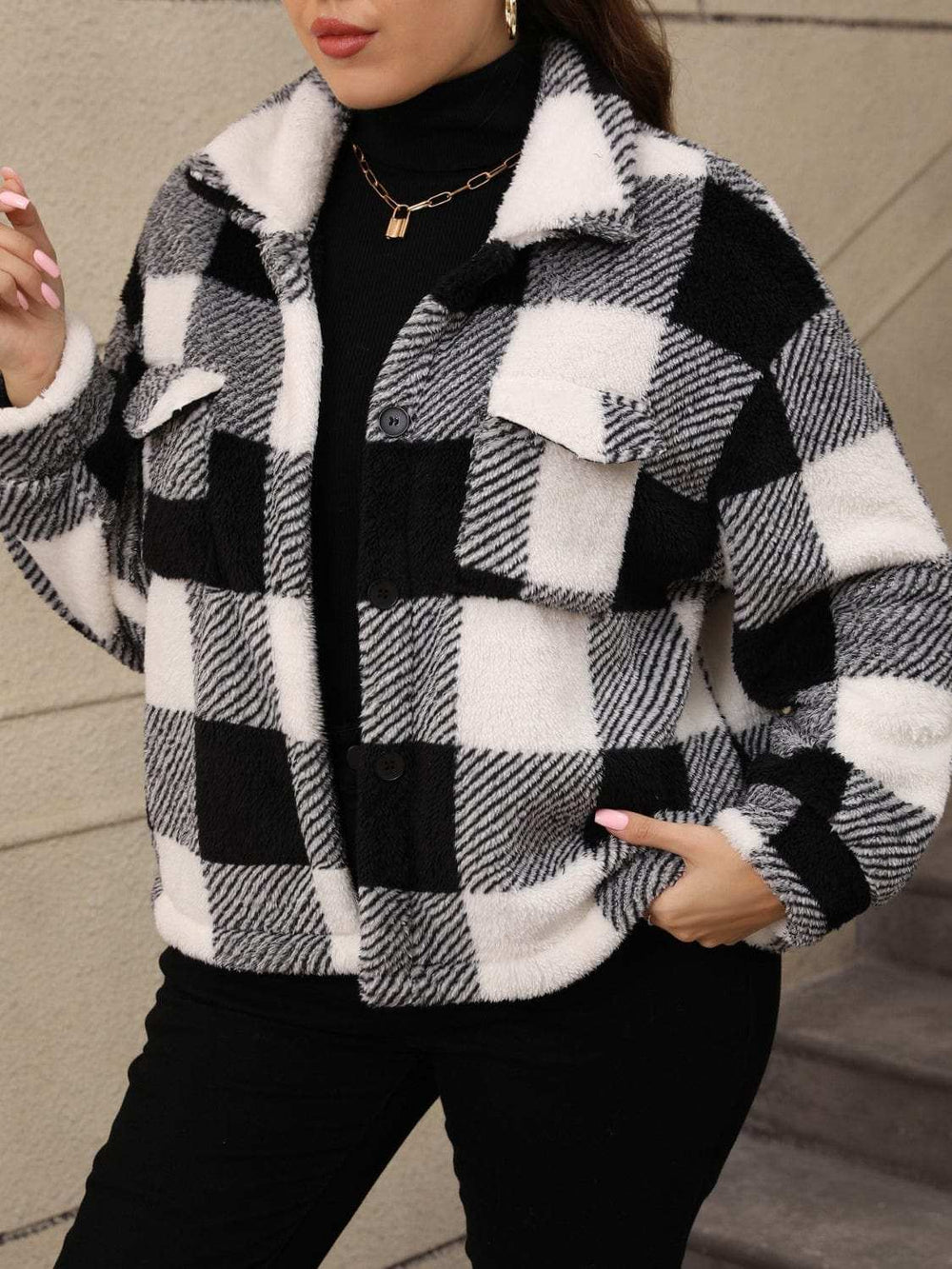 Plus Size Pocketed Plaid Collared Neck Jacket - Trendsi - Flyclothing LLC