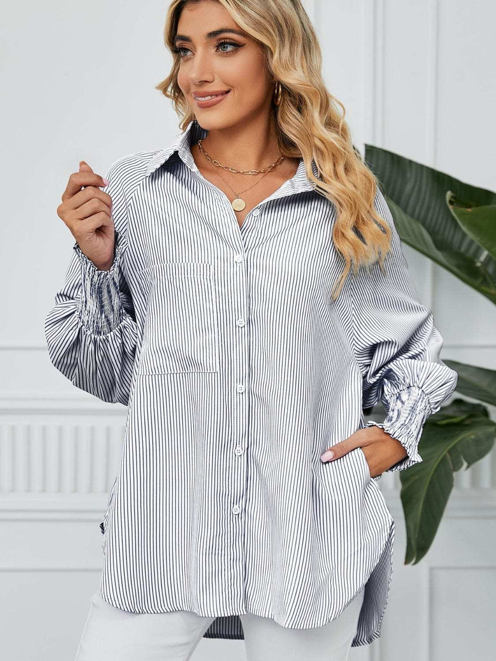 Striped Collared Neck Long Sleeve Shirt - Trendsi - Flyclothing LLC