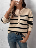 Perfee Striped Half Button Long Sleeve Sweater - Trendsi
