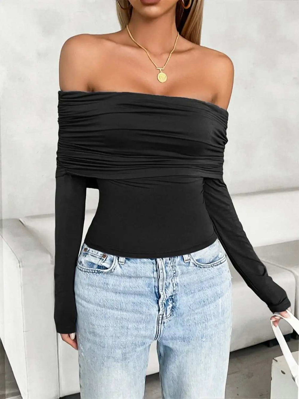 Ruched Off-Shoulder Long Sleeve T-Shirt - Trendsi - Flyclothing LLC
