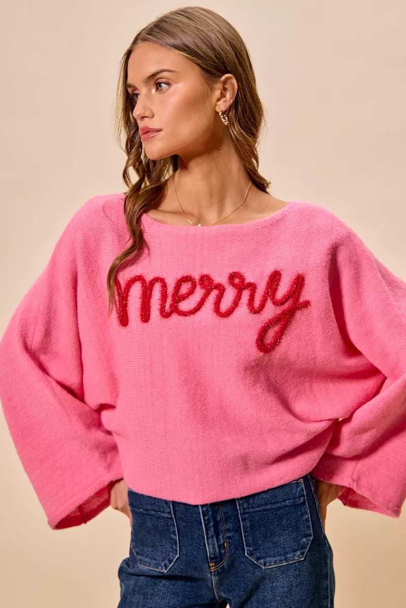 SO ME Merry Tinsel Lettering Christmas Sweater Top - Trendsi - Flyclothing LLC