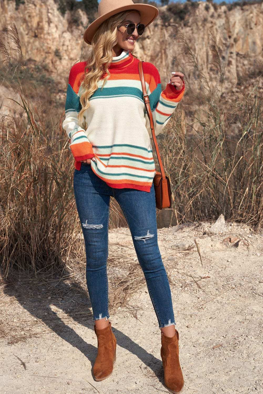 Contrast Striped Turtleneck Dropped Shoulder Sweater - Trendsi - Flyclothing LLC