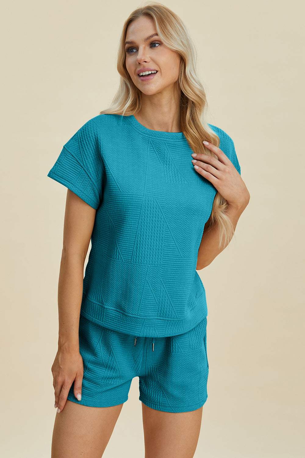Double Take Full Size Texture Short Sleeve Top and Shorts Set - Trendsi - Flyclothing LLC