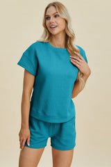 Double Take Full Size Texture Short Sleeve Top and Shorts Set - Trendsi