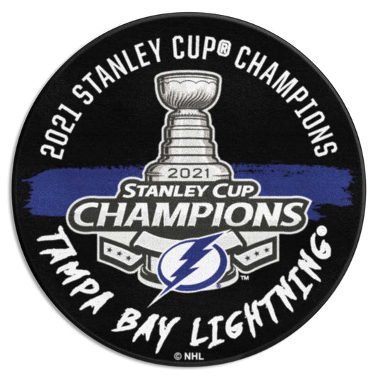 Tampa Bay Lightning Hockey Puck Rug - 27in. Diameter, 2021 NHL Stanley Cup Champions - Tampa Bay Lightning