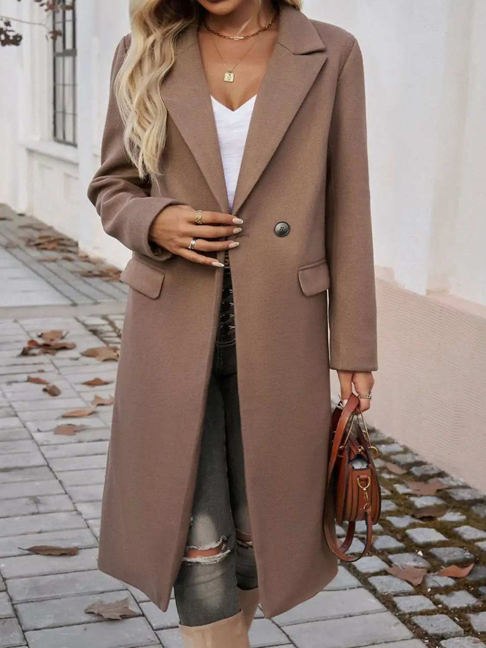 Pocketed Collared Neck Long Sleeve Coat - Trendsi - Flyclothing LLC