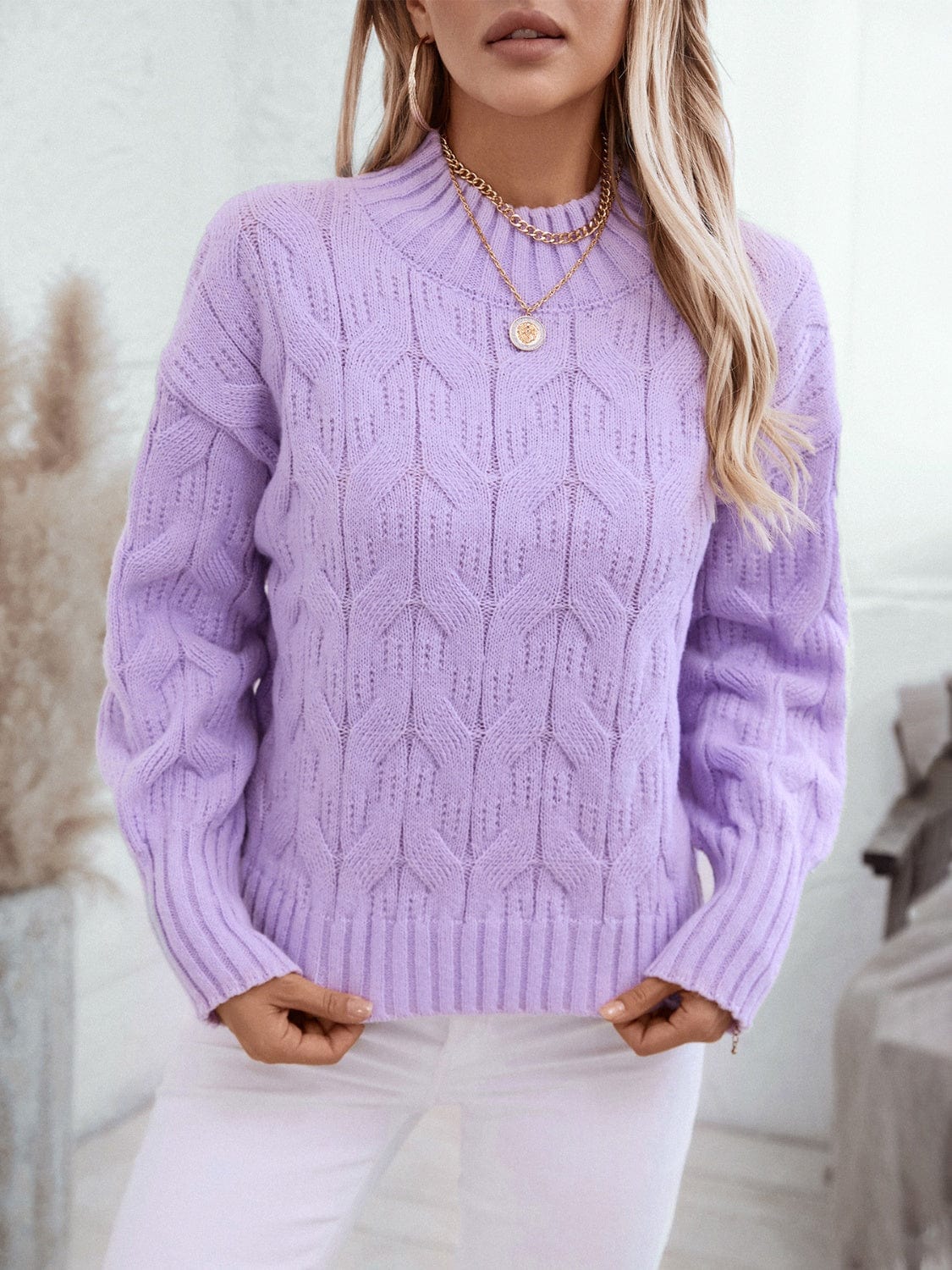 Cable Knit Mock Neck Long Sleeve Sweater - Trendsi