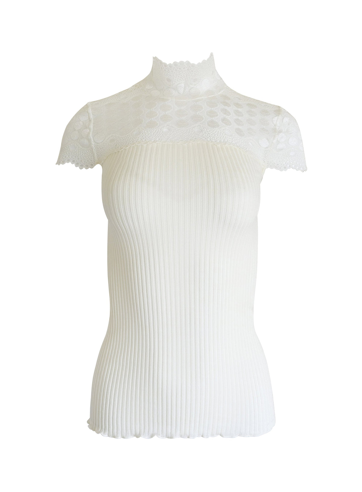 EGI Exclusive Merino Wool Blend Top Mock Neck Lace Trim Short Sleeves. Proudly Made in Italy. - tittimitti - Flyclothing LLC