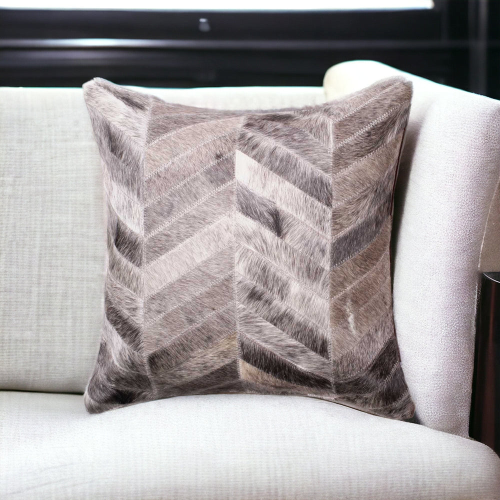 18" Gray Chevron Cowhide Throw Pillow - Homeroots