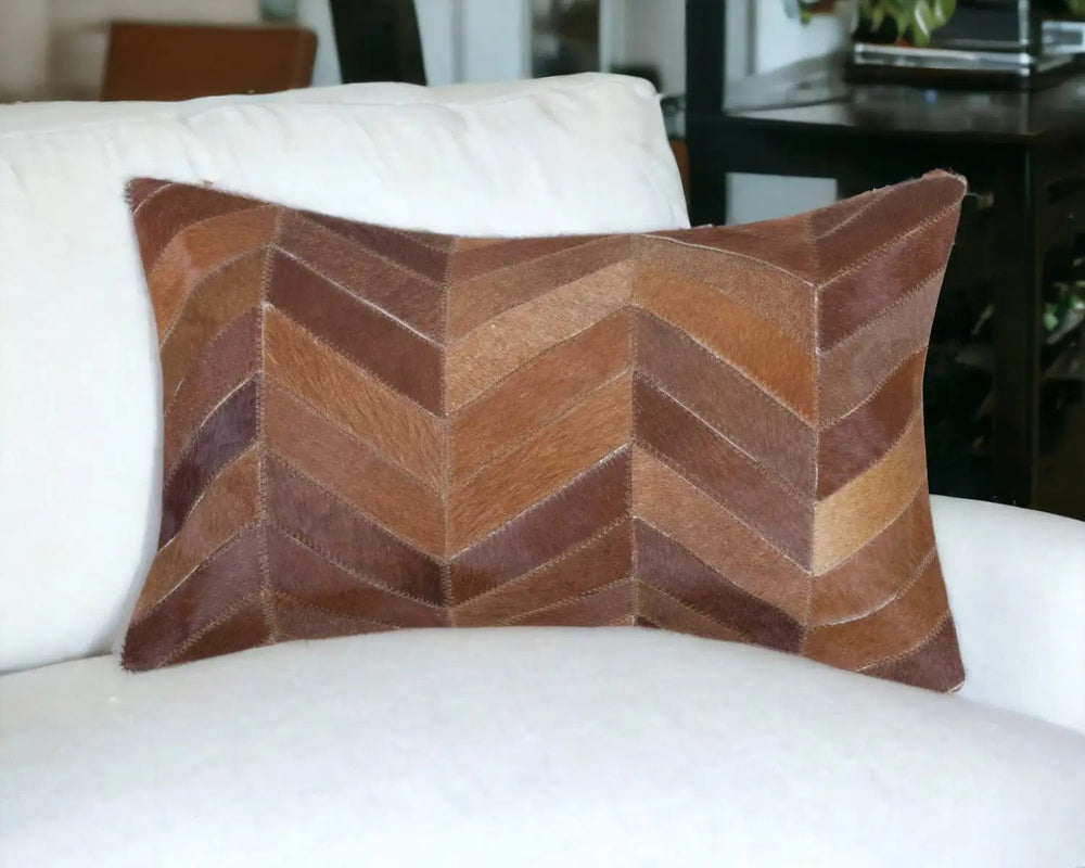 12" X 20" Brown and Tan Chevron Cowhide Throw Pillow - Homeroots