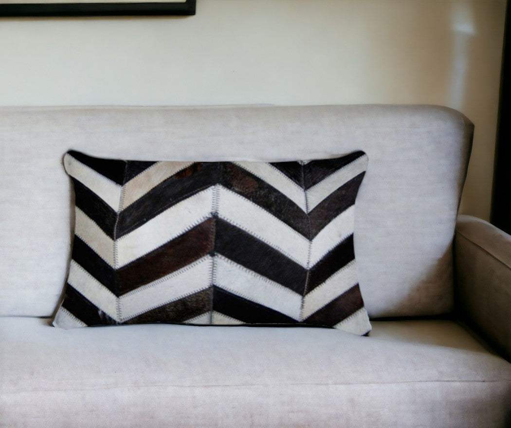12" X 20" Chocolate Brown and Off White Chevron Cowhide Throw Pillow - Homeroots - Flyclothing LLC