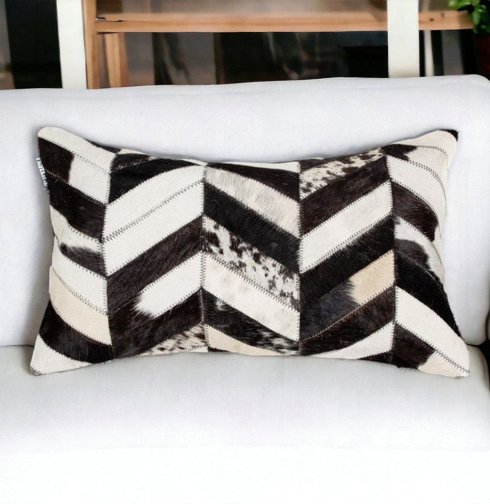 12" X 20" Black and Off White Chevron Cowhide Throw Pillow - Homeroots