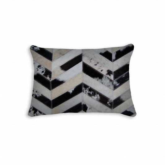 12" X 20" Black Brown and Off White Chevron Cowhide Throw Pillow - Homeroots