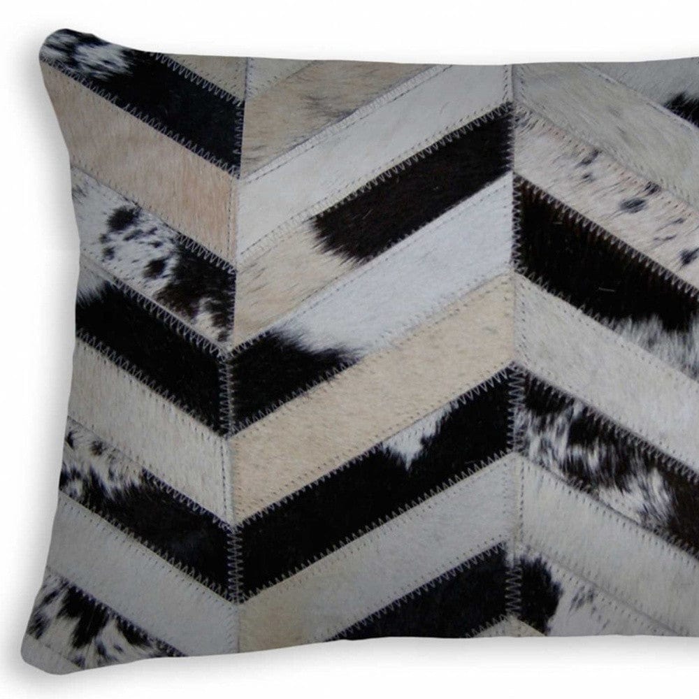 12" X 20" Black Brown and Off White Chevron Cowhide Throw Pillow - Homeroots - Flyclothing LLC
