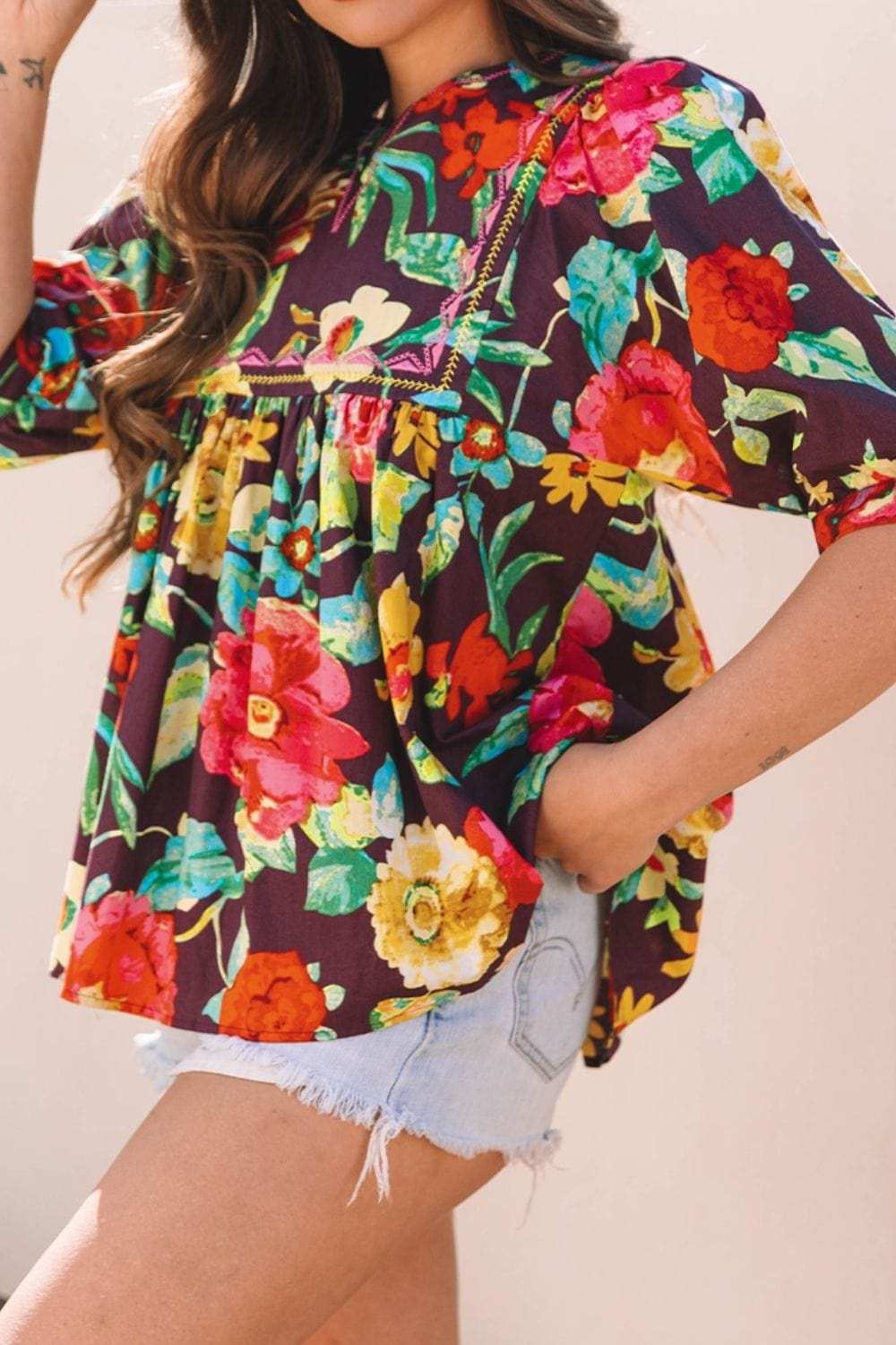 Flower Embroidered Trim Half Sleeve Blouse - Trendsi - Flyclothing LLC
