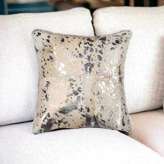 18" Silver and Gray Cowhide Throw Pillow - Homeroots