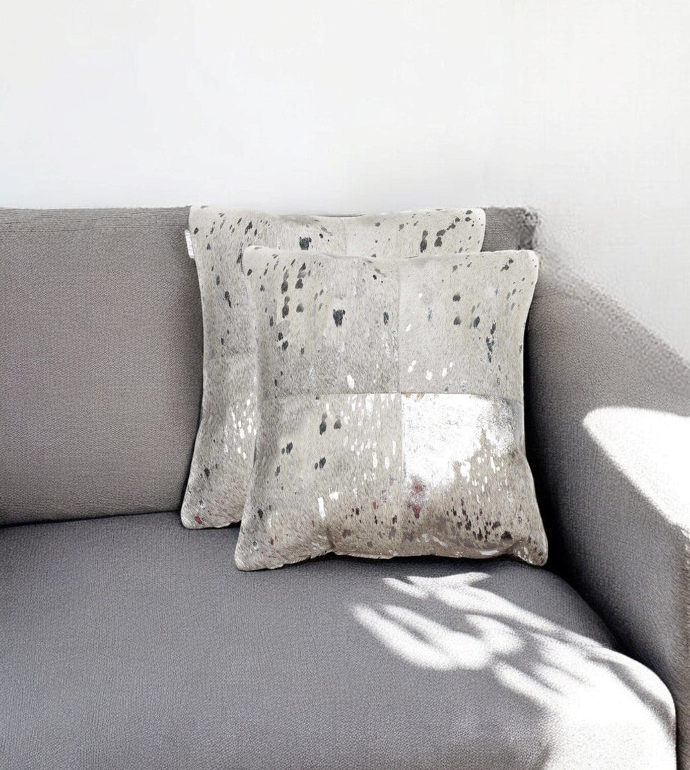 Set of Two Silver and Gray Cowhide Throw Pillow - Homeroots
