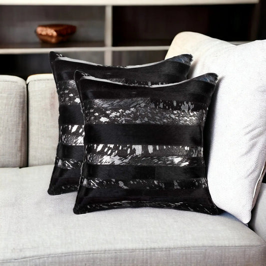 Set of Two 18" Gold and Black Cowhide Throw Pillow - Homeroots