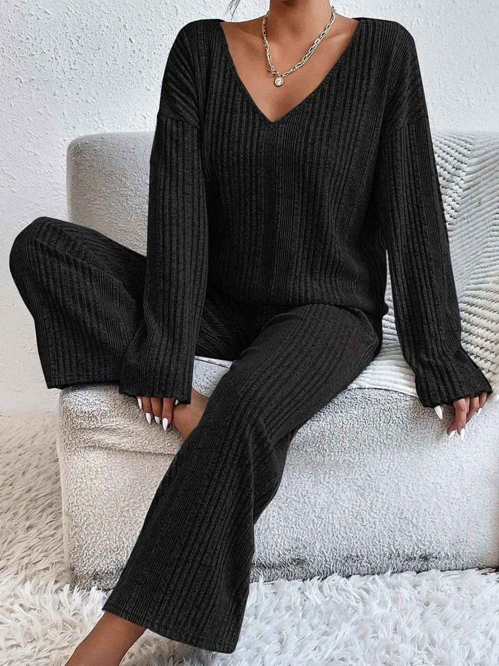 V-Neck Long Sleeve Top and Pants Set - Trendsi - Flyclothing LLC