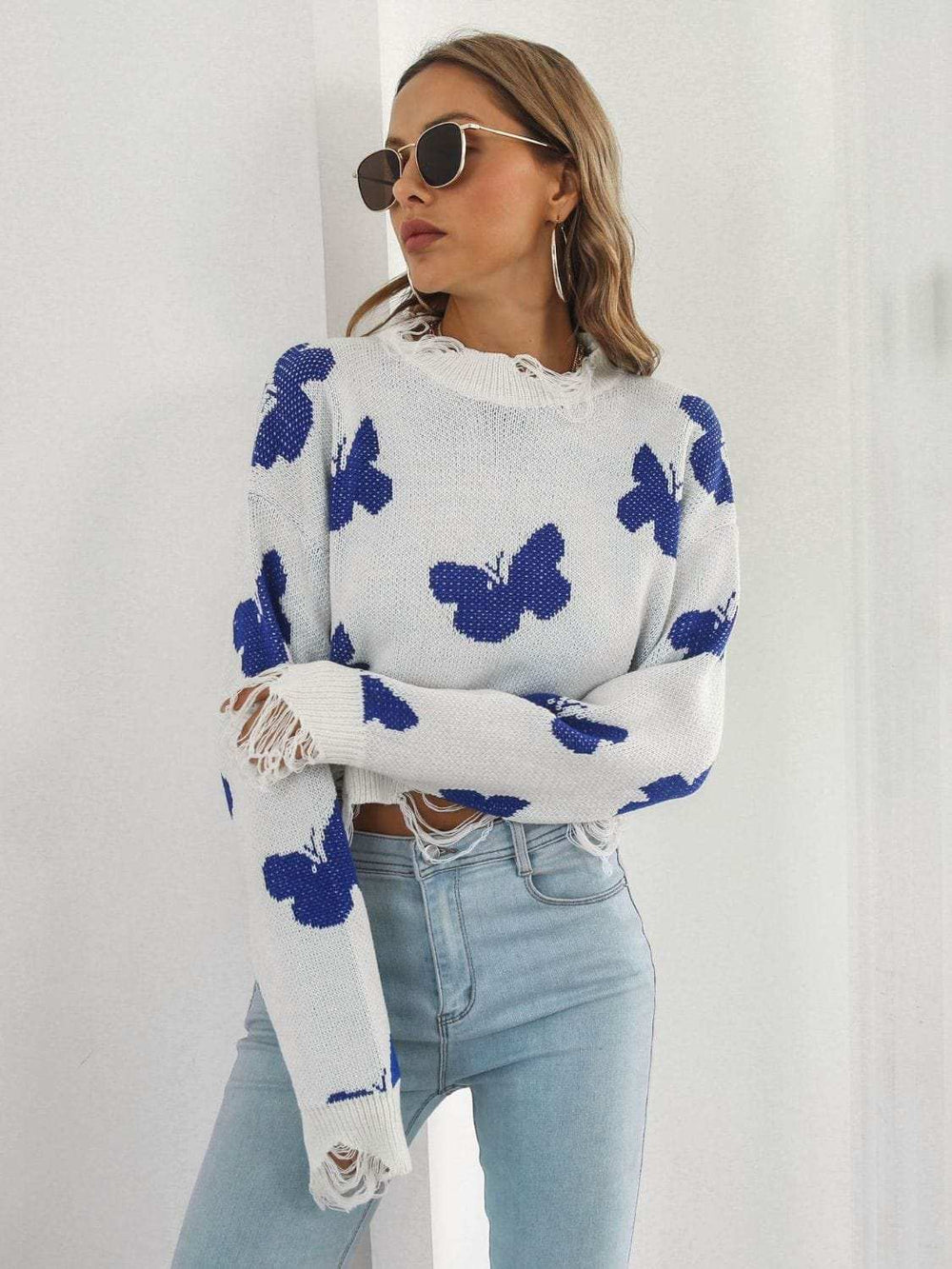 Distressed Butterfly Cropped Sweater - Trendsi - Flyclothing LLC