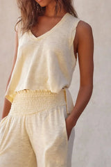 Solid Color Tank Top and Smocked Waist Pants Set - Trendsi - Flyclothing LLC