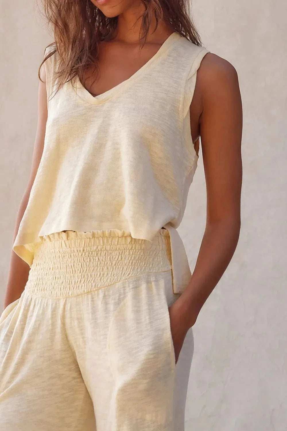 Solid Color Tank Top and Smocked Waist Pants Set - Trendsi - Flyclothing LLC