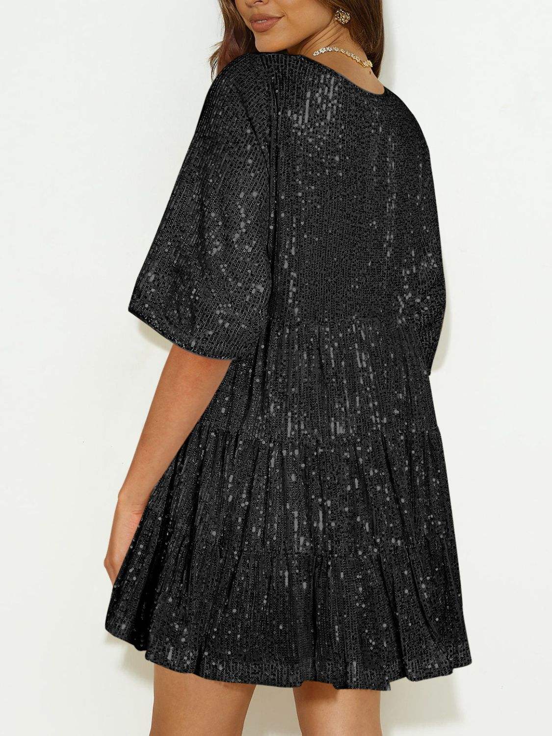 Sequin Round Neck Half Sleeve Mini Dress - Trendsi - Flyclothing LLC