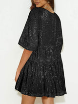 Sequin Round Neck Half Sleeve Mini Dress - Trendsi - Flyclothing LLC