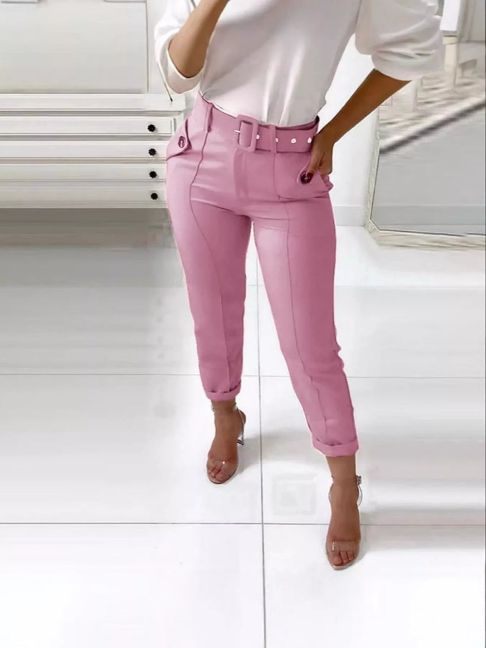 High Waist Belted Slim Fit Ankle Pants - Trendsi - Flyclothing LLC