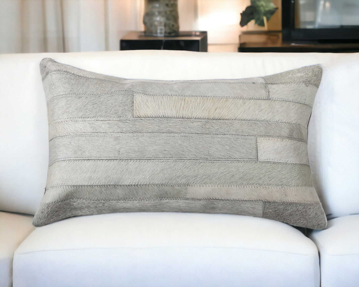 12" X 20" Gray Cowhide Throw Pillow - Homeroots - Flyclothing LLC