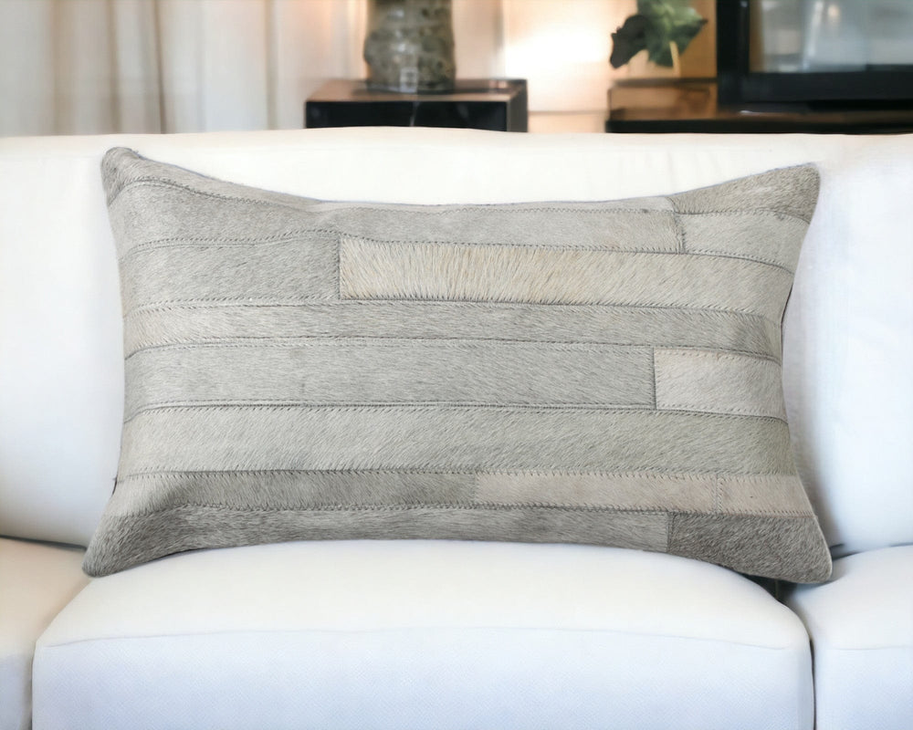 12" X 20" Gray Cowhide Throw Pillow - Homeroots - Flyclothing LLC