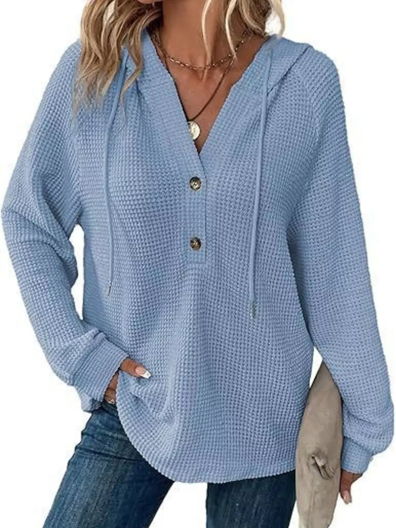 Full Size Button Detail Waffle Knit Hoodie Plus Size - Trendsi - Flyclothing LLC