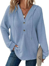 Full Size Button Detail Waffle Knit Hoodie Plus Size - Trendsi - Flyclothing LLC