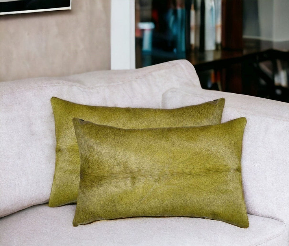 Set of Two 12" X 20" Lime Green Cowhide Throw Pillow - Homeroots