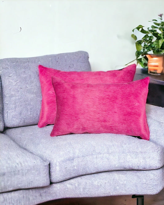 Set of Two 12" X 20" Fuchsia Cowhide Lumbar Throw Pillows - Homeroots